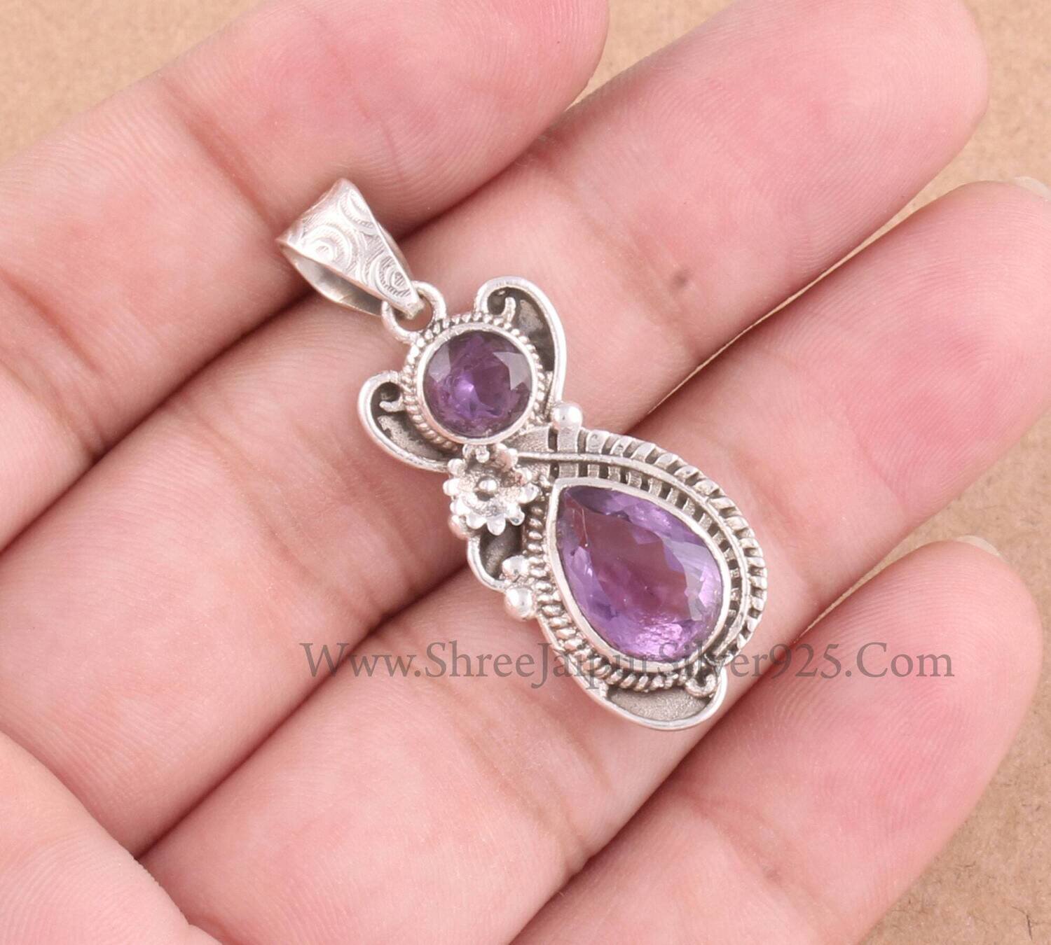 Natural Purple Amethyst Solid 925 Sterling Silver Necklace Pendant For Women, Handmade Engraved Pendant For Wedding Anniversary Gift For Her