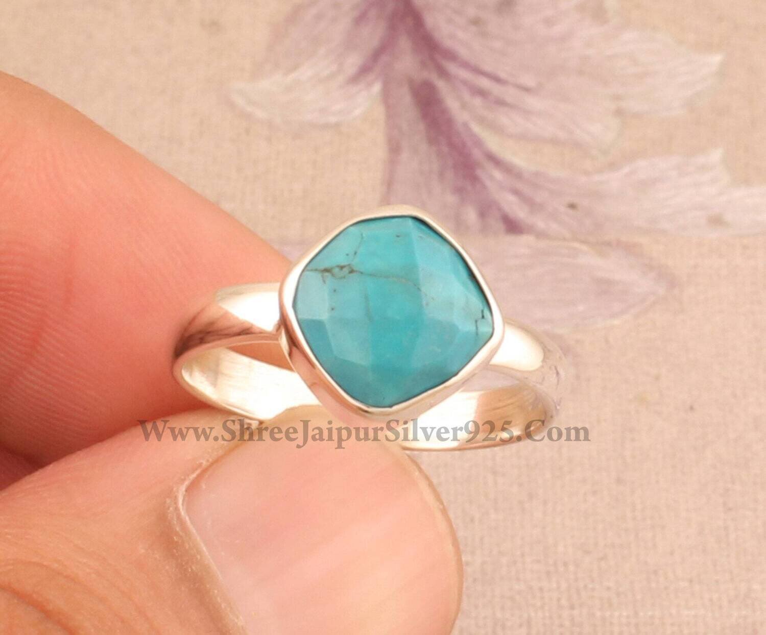 Faceted Turquoise Solid 925 Sterling Silver Ring For Women, Handmade Cushion Blue Stone Silver Ring For Wedding Anniversary Gift For Her