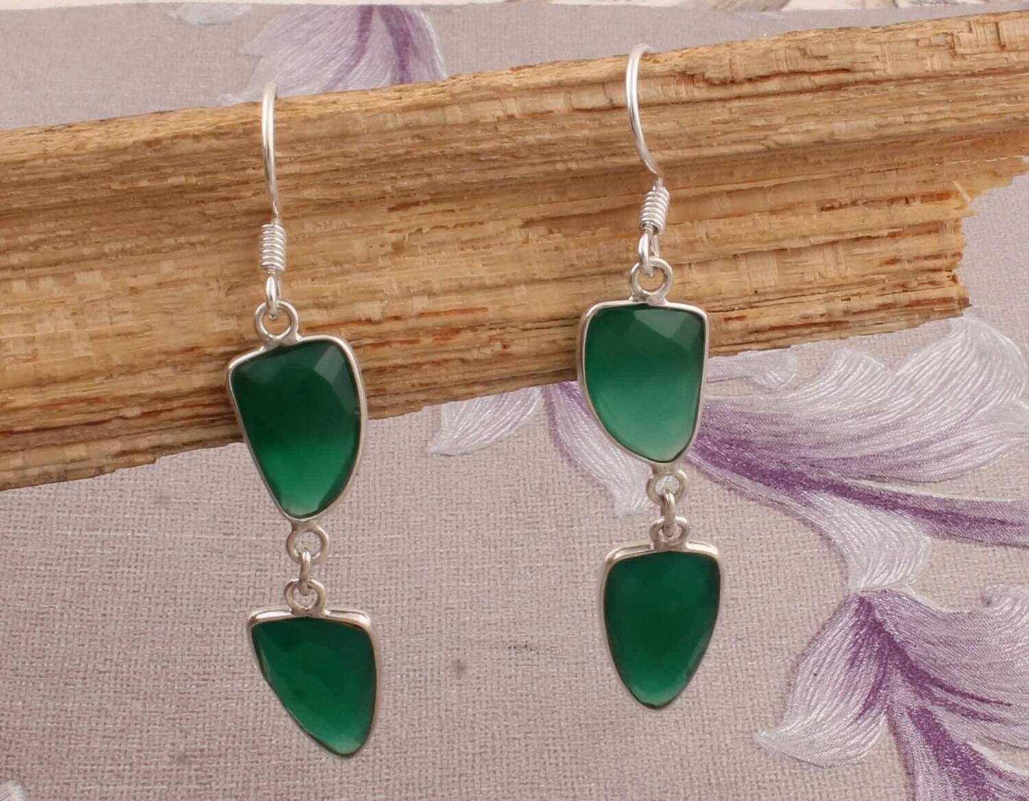 Natural Green Onyx Top Quality Gemstone Earring 925-Sterling Silver Earring Big Size Two Stone Earring Gift For Her Earring Wedding Earring