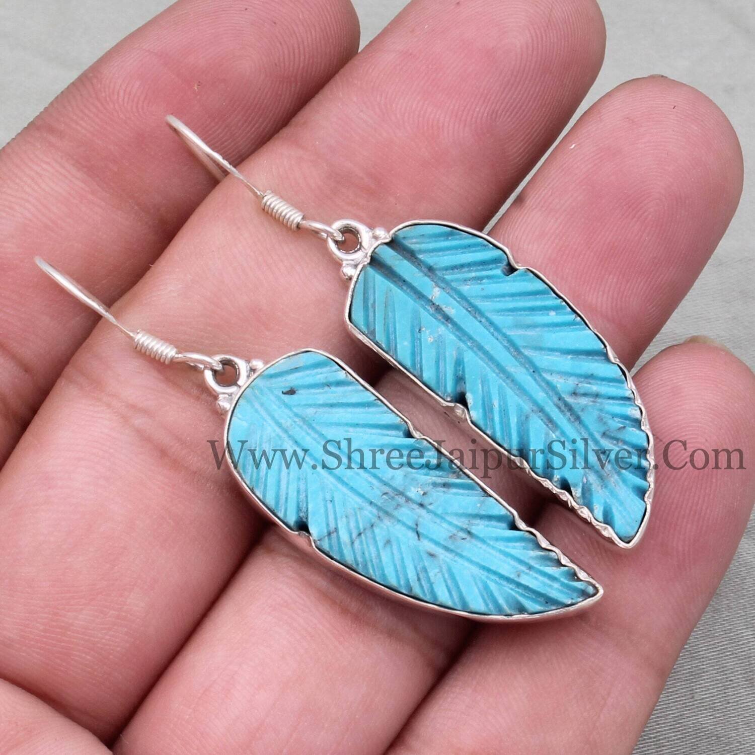 Rare Turquoise Engraved Feather Gemstone Solid 925 Sterling Silver Earrings For Women, Handmade Earrings Gifts For Wedding Anniversary