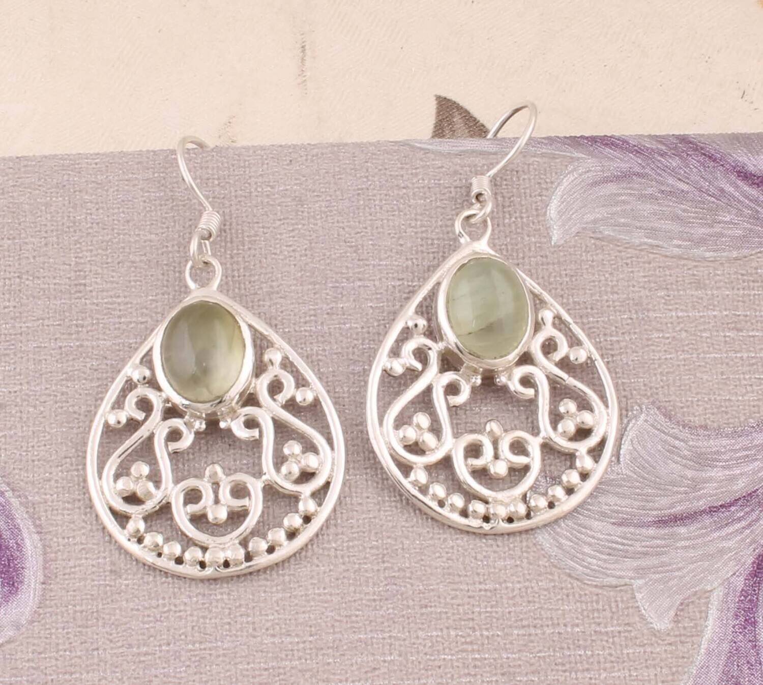 Natural Prehnite AAA+Quality Gemstone Earring 925-Sterling Solid Silver Earring,Anniversary Gift Earring,Teardrop Earring Boho Earring