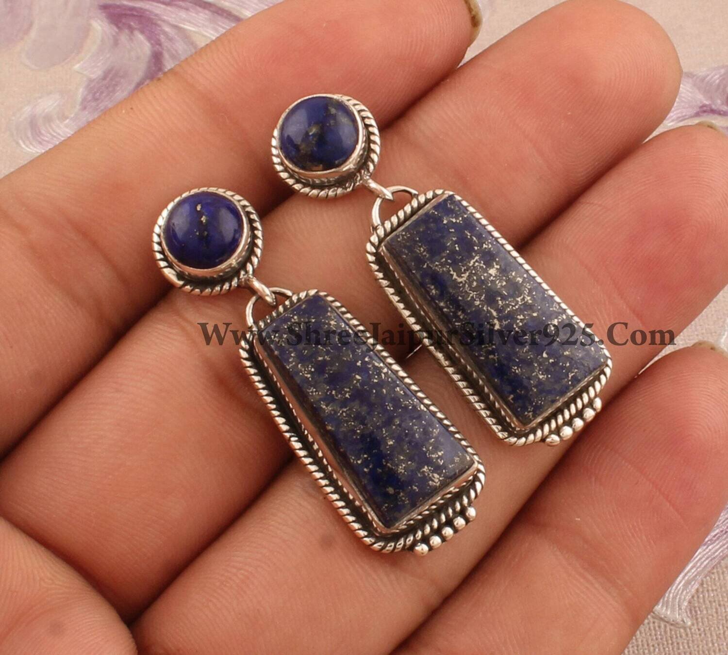 Natural Lapis Lazuli Solid 925 Sterling Silver Earrings For Women, Handmade Gemstone Boho Silver Earring For Wedding Jewelry Bridesmaid Gift