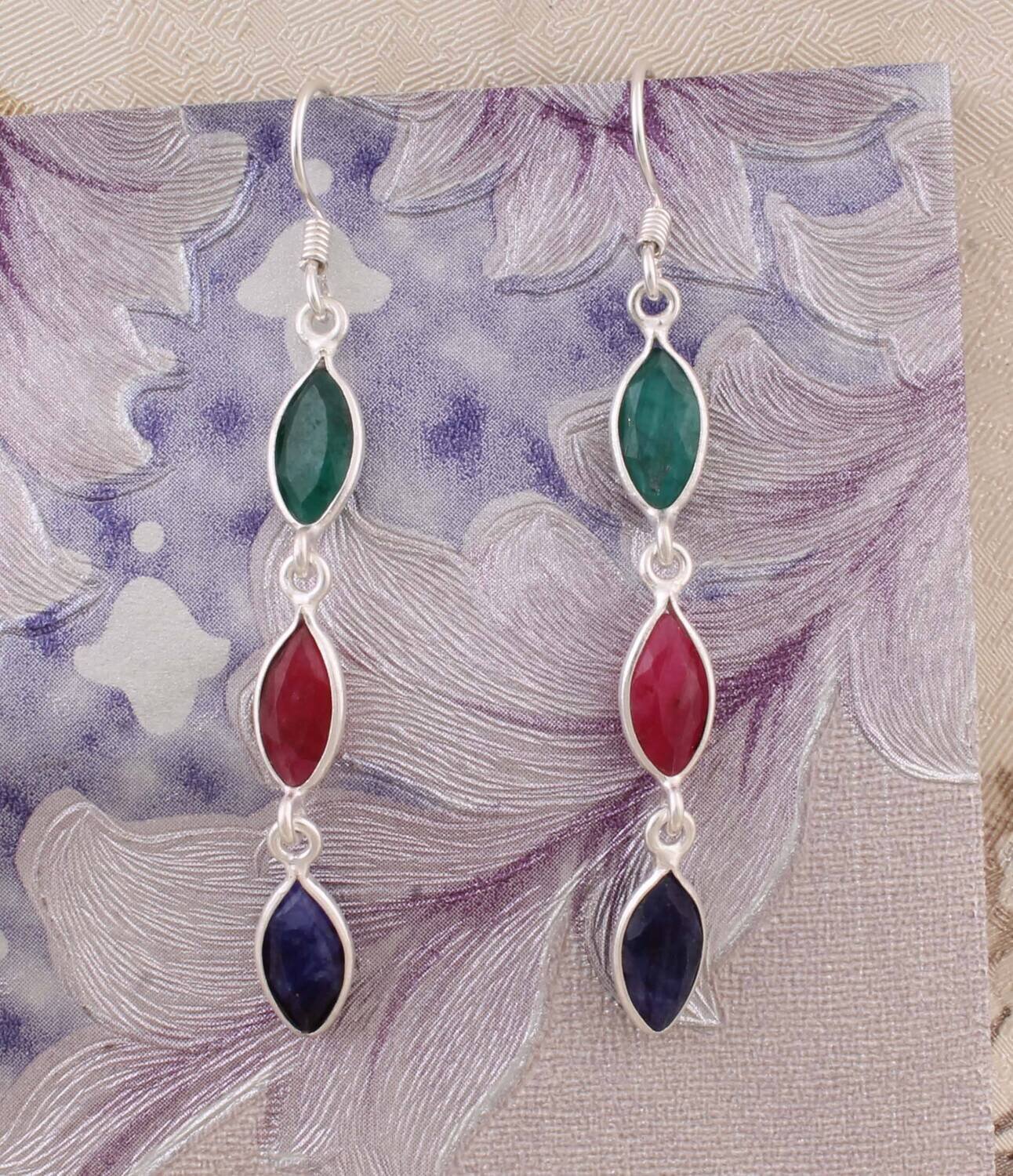 Emerald+Ruby+Blue Safayar Gemstone Earring 925-Sterling Solid Silver Earring,Anniversary Gift Earring,Combo Three Stone Earring Boho Earring