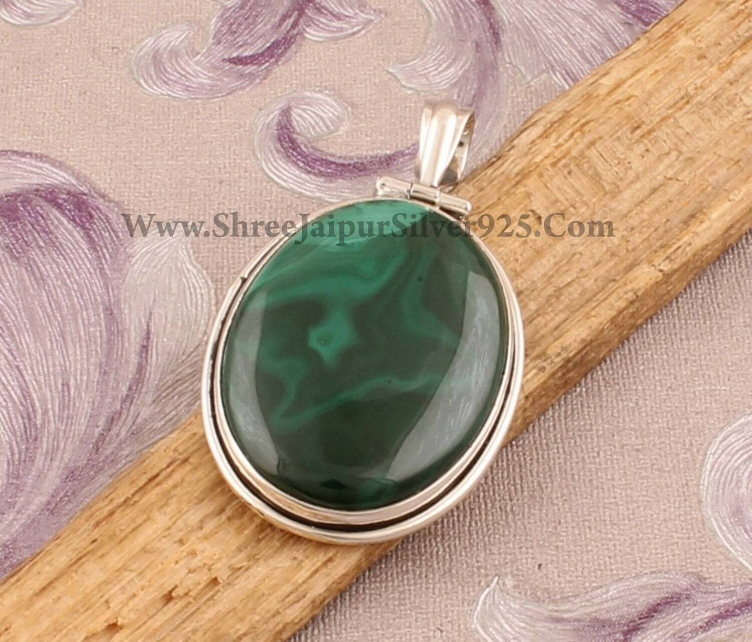 Malachite Natural Gemstone Pendant, 925 Sterling Solid Silver Necklace Pendant, Oval Shape Stone Boho Silver Pendant, Valentine's Day Gift