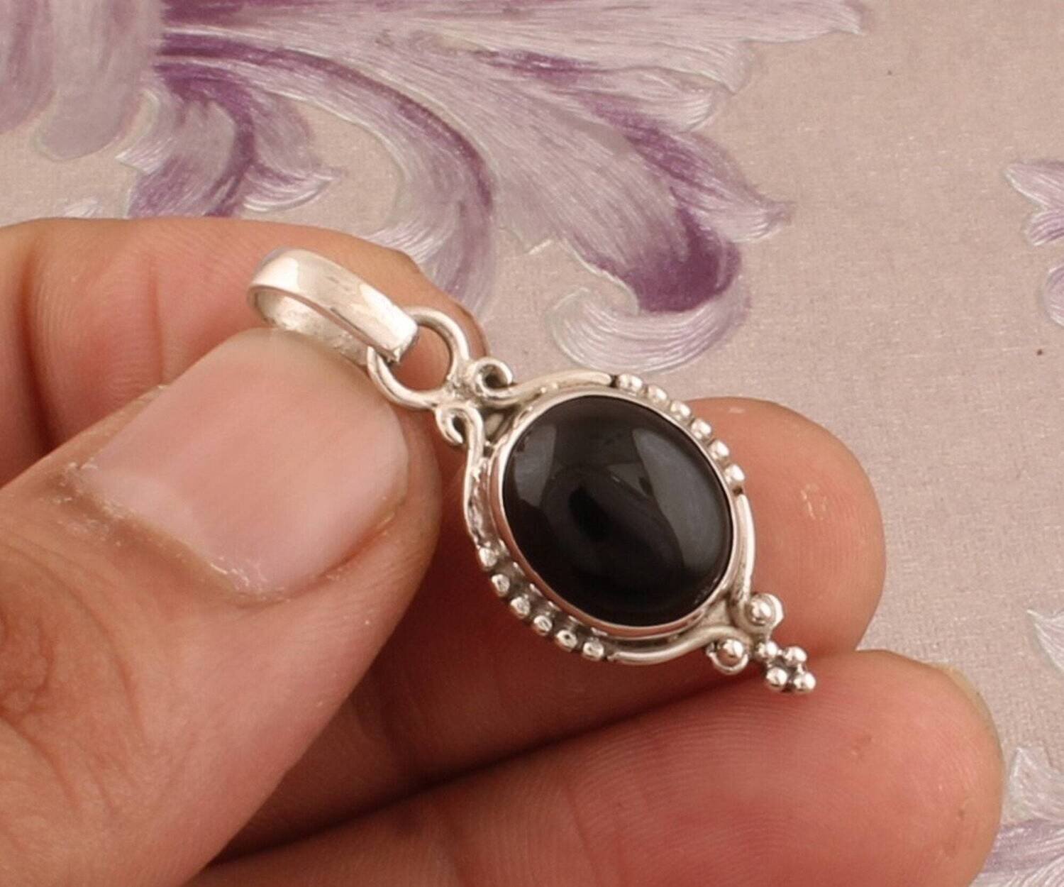 Natural Black Onyx Silver Pendant, 925 Sterling Silver Pendant, Oval Shape Gemstone Pendant, Designer Dotted Pendant, Handmade Pendant, Gift