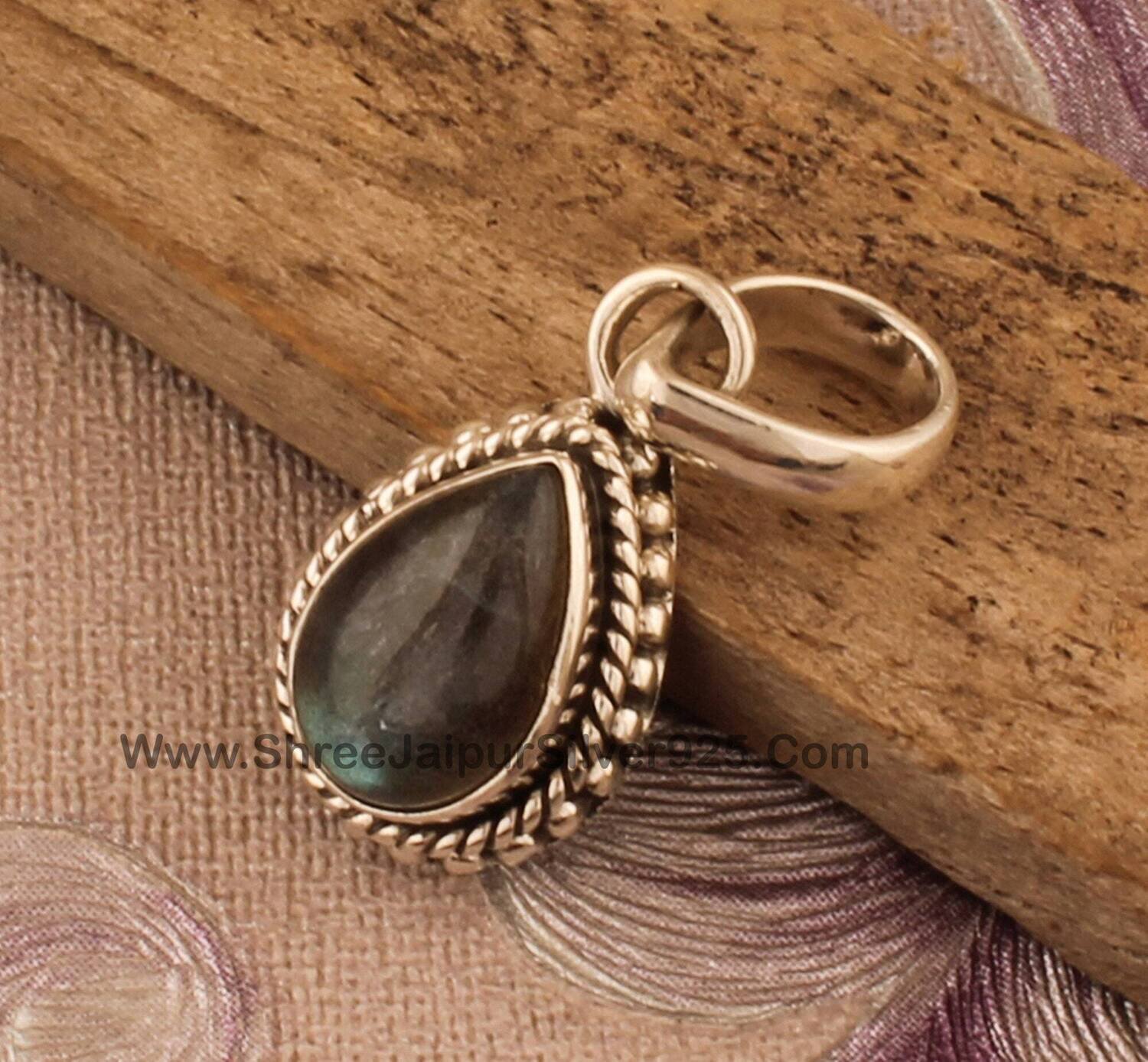 Natural Labradorite Solid 925 Sterling Silver Necklace Pendant For Women, Handmade Engraved Designer Pear Pendant For Wedding Anniversary