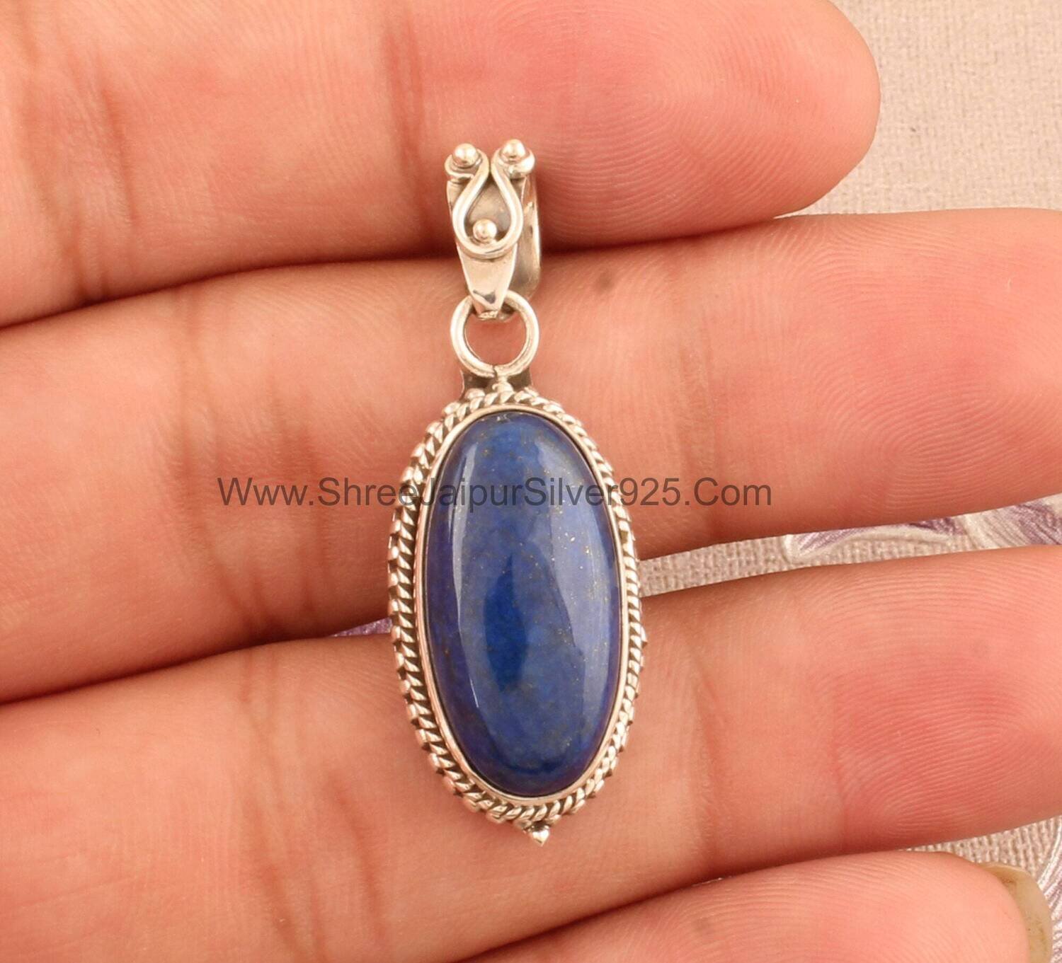 Natural Lapis Lazuli Solid 925 Sterling Silver Necklace Pendant For Women, Handmade Oval Stone Pendant For Wedding Anniversary Gift For Her