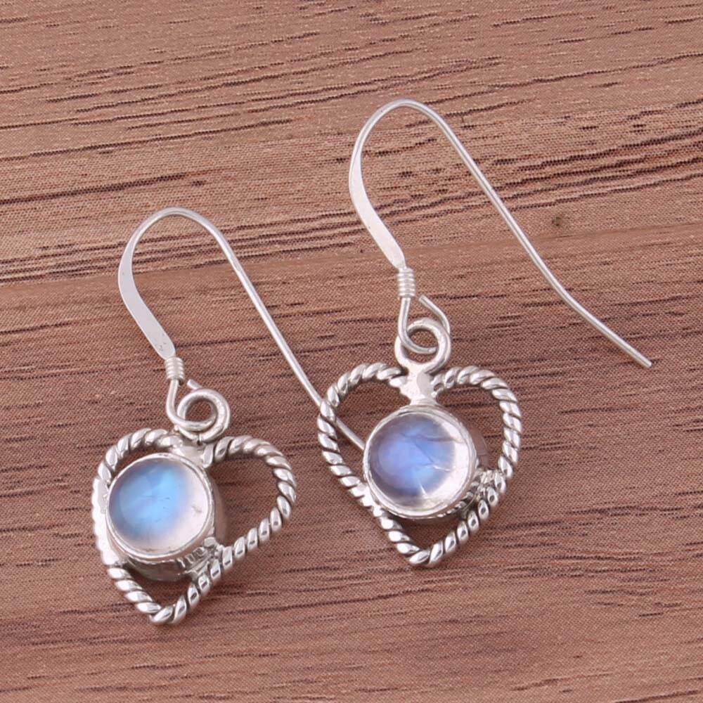 Solid Silver Rope Heart Natural Rainbow Moonstone Earrings, 925 Sterling Silver Fancy Heart Earrings, Handmade Bridal Wedding Earrings Gift