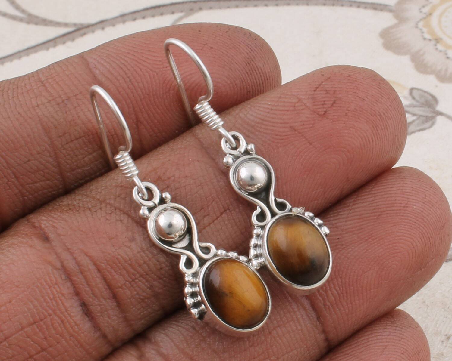 Real Tiger-Eye Top Quality Gemstone Handmade Earring Cabochon Stone Boho Earring 925-Antique Silver Earring Etsy Cyber Valentine's Day Gift