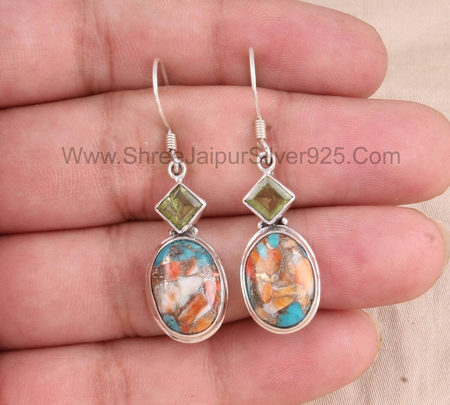 Oyster Copper Turquoise &amp; Natural Peridot Solid 925 Sterling Silver Earrings For Women, Handmade Earrings For Wedding Anniversary Gift Idea