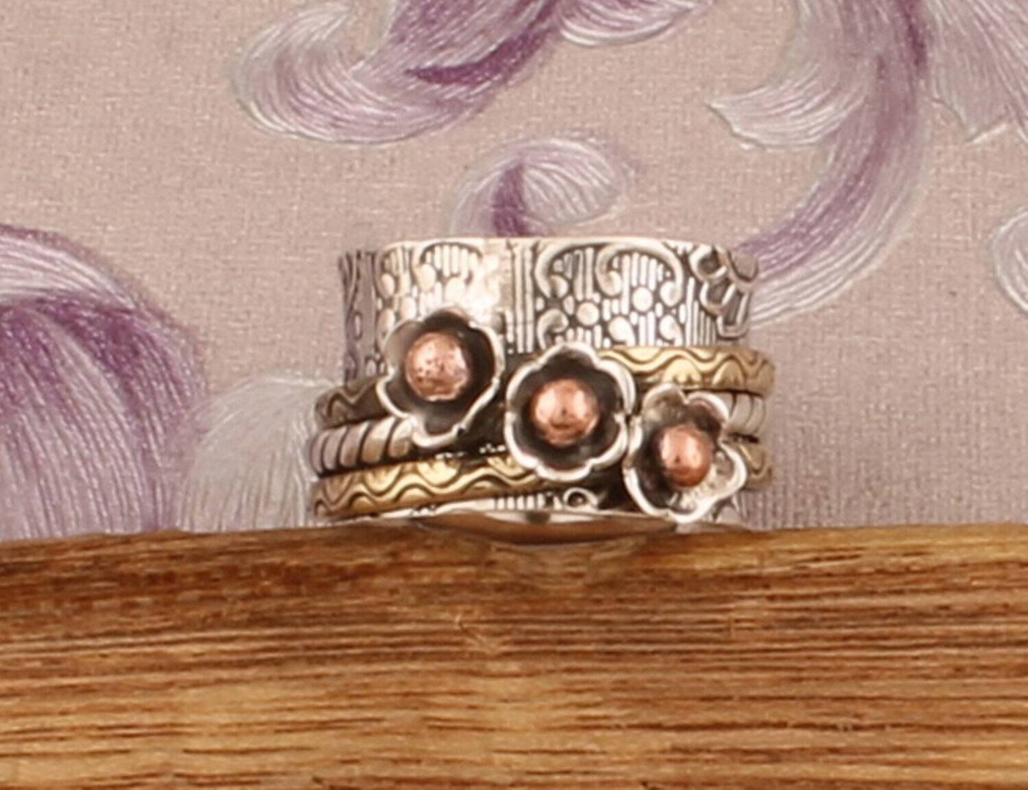 925 Sterling Silver &amp; Brass Designer Carved Spinner Ring, Handmade Three Tone Boho Meditation Ring, Valentine's Day Jewelry, Etsy Cyber 2021