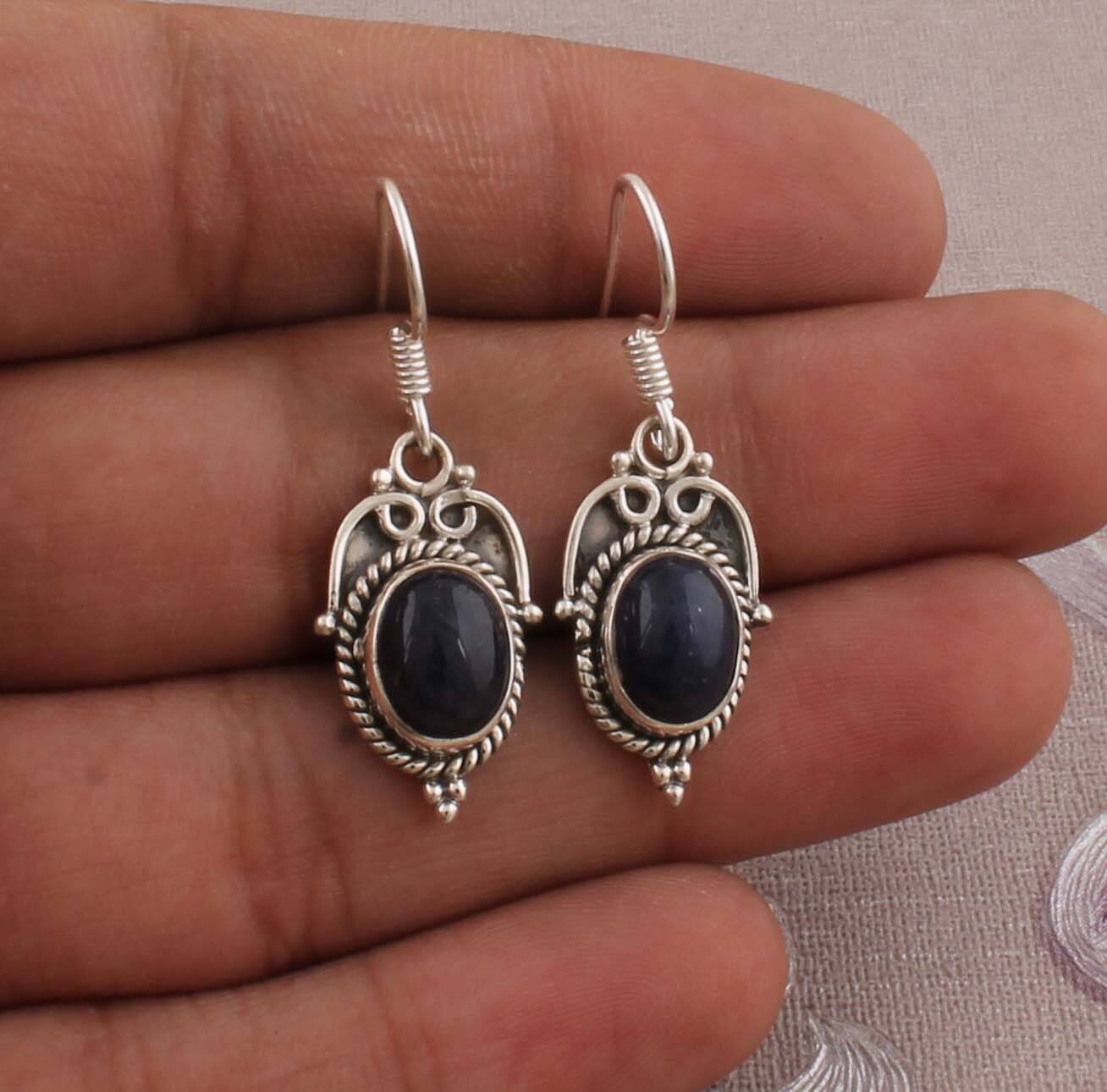 Amazing Blue Star AAA+Quality Gemstone Earring,Oval Cabochon Stone Earring 925-Sterling Silver Earring,Antique Silver Earring Gift For Her