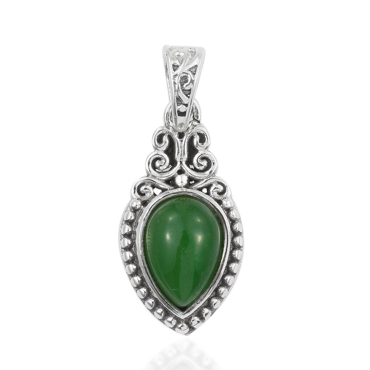 925 Sterling Silver Pendant For Women Natural Green Jade Pendant Green Pear Cabochon Handmade Gemstone Silver Jewelry Birthday Gifts For Mom