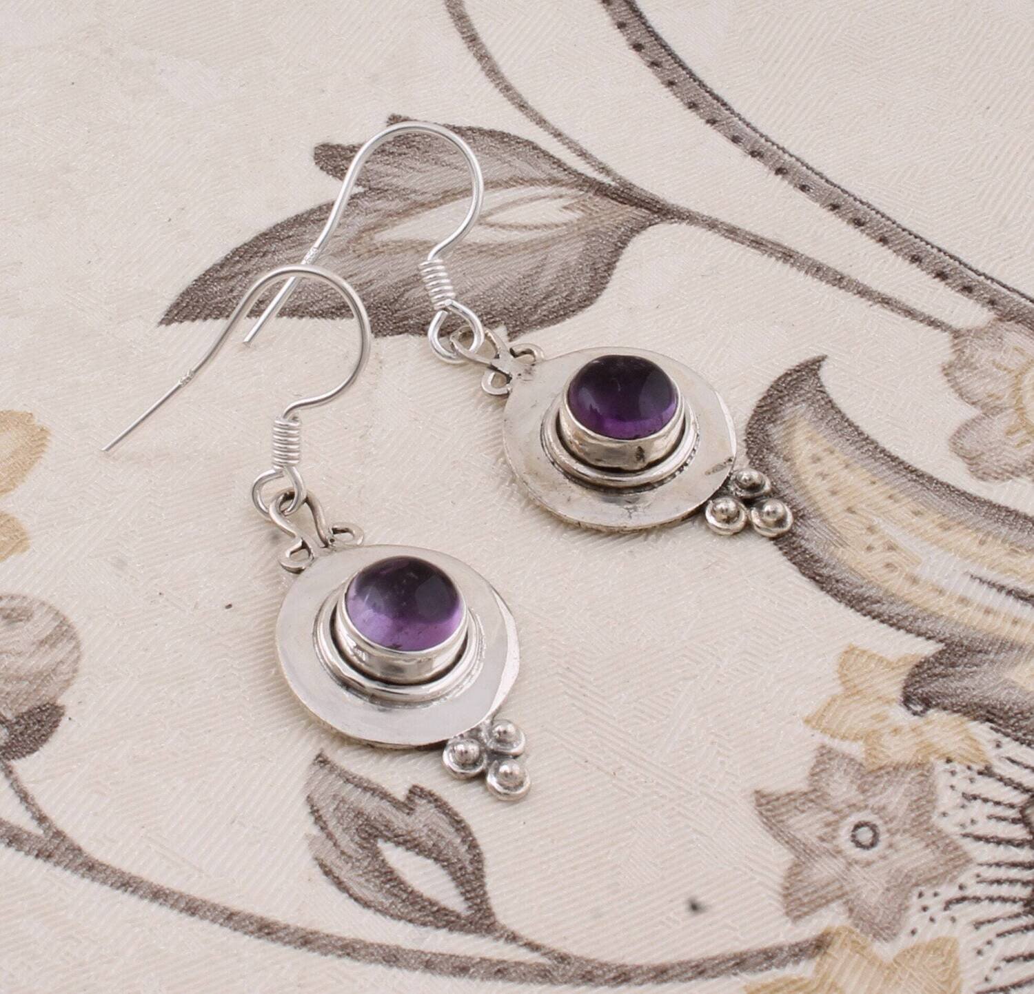 Simple Earring Natural Amethyst Top Quality Earring Silver,Solid Earring 925-Silver Sterling Earring Handmade Earring Round Shape Earring