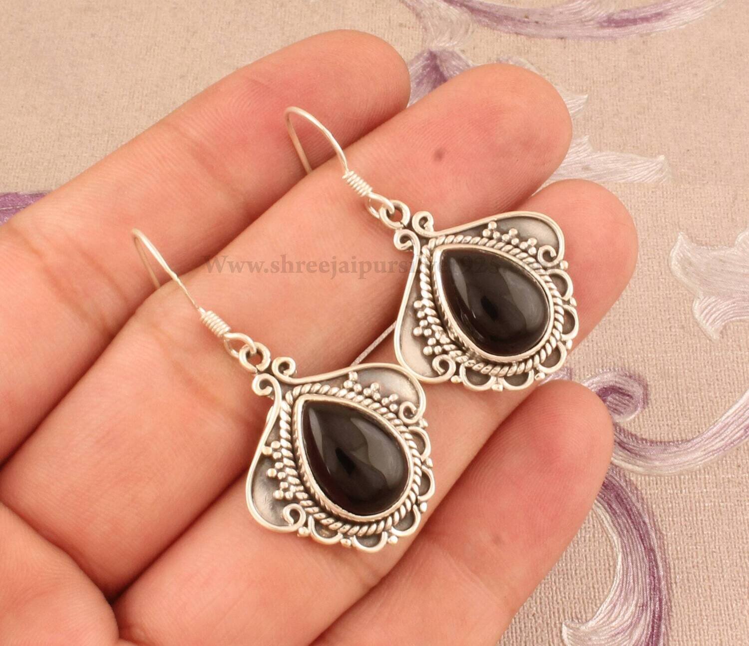 Natural Black Onyx Solid 925 Sterling Silver Earrings For Women, Handmade Pear Stone Indian Earrings For Wedding Anniversary Gift For Her