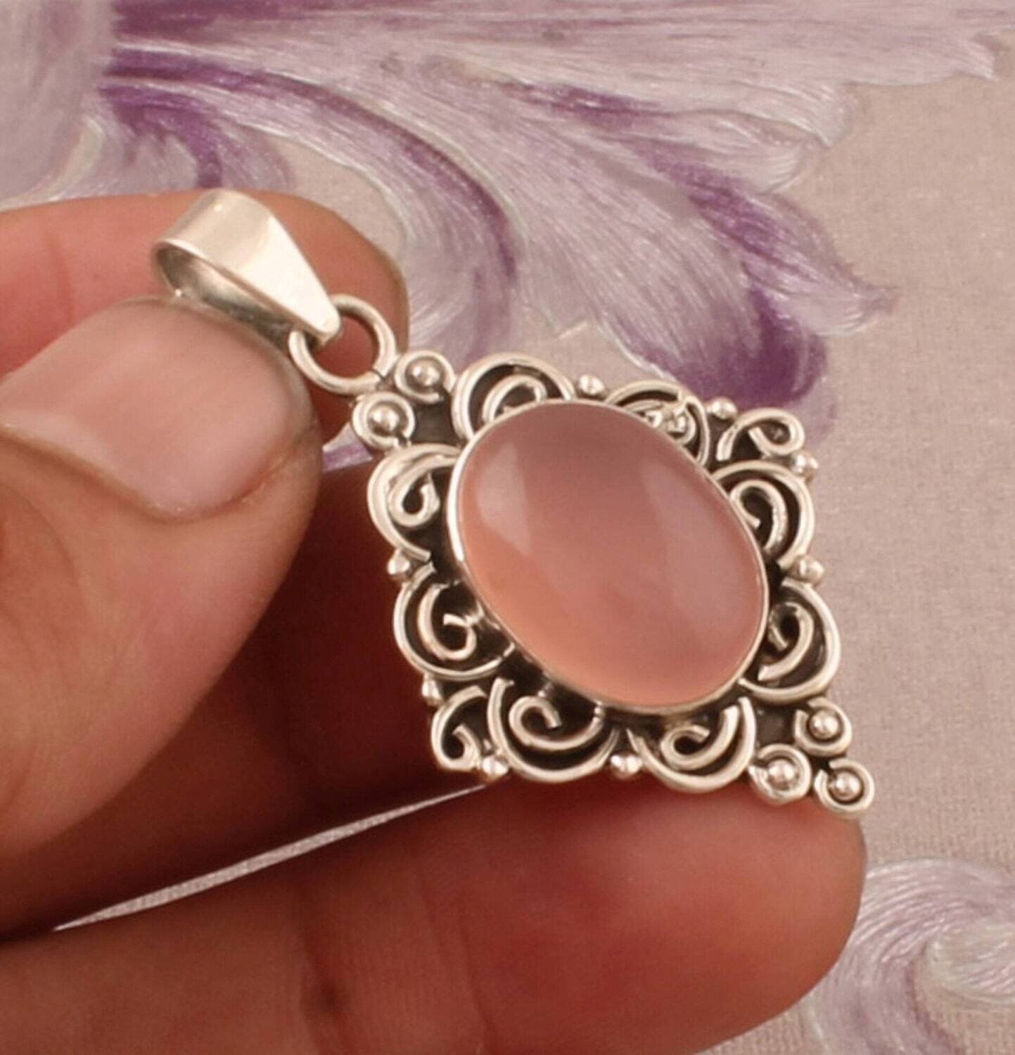Rose Quartz Silver Pendant, 925 Sterling Silver Pendant, Designer Spiral Pendant, Oval Gemstone Pendant, Handmade Gemstone, Christmas Gift