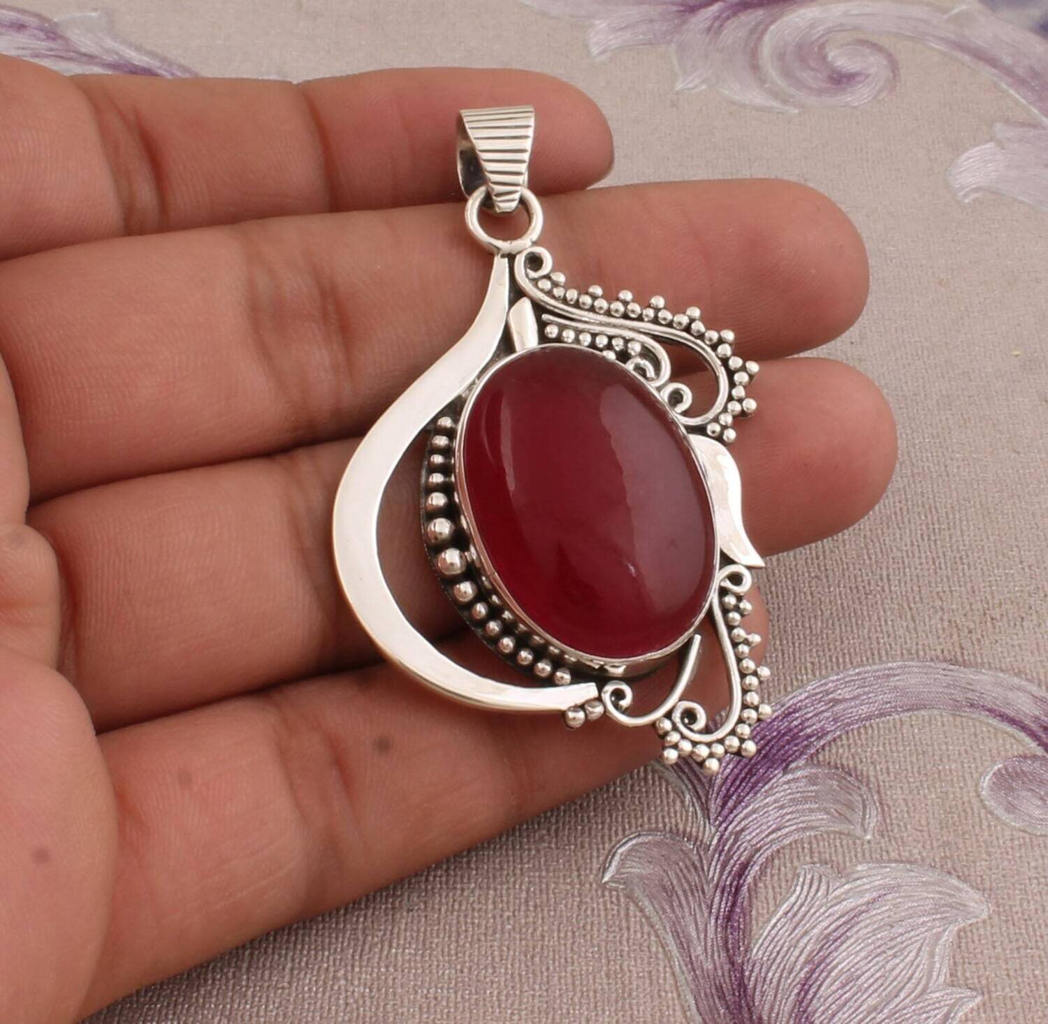 925 Sterling Silver Pendant For Women Natural Lavender Jade Pendant Red Oval Handmade Gemstone Silver Jewelry Celtic Gift For Anniversary