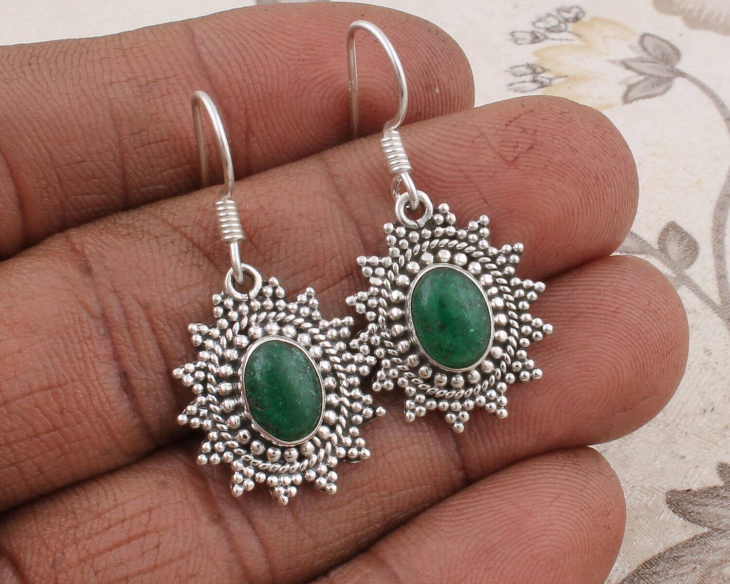 Amazing Emerald Top Quality Gemstone Handmade Earring Cabochon Stone Boho Earring 925-Antique Silver Earring Etsy Cyber Valentine's Day Gift
