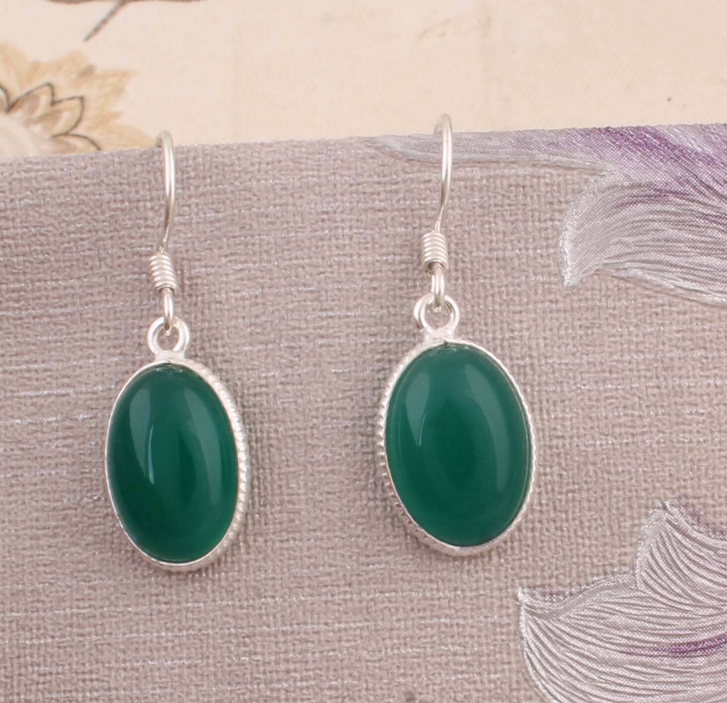 Natural Amazing Green Jade AAA+Quality Gemstone Earring Cabochon Stone Boho Earring 925-Antique Silver Earring,Wedding Earring Gift For Her