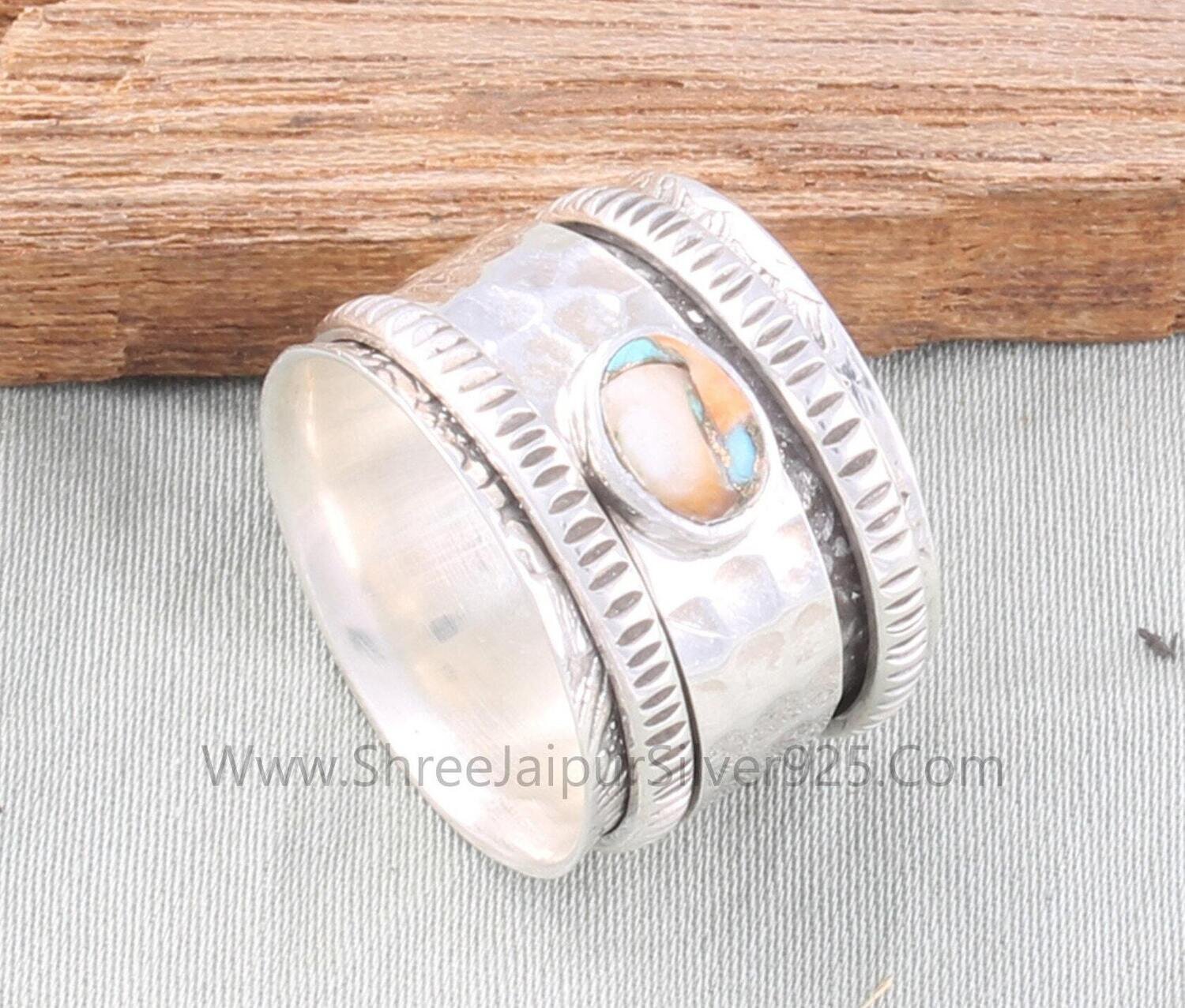 Oyster Copper Turquoise Band Solid 925 Sterling Silver Spinner Ring For Women, Handmade Hammered Band Anxiety Fidget Ring Anniversary Gifts