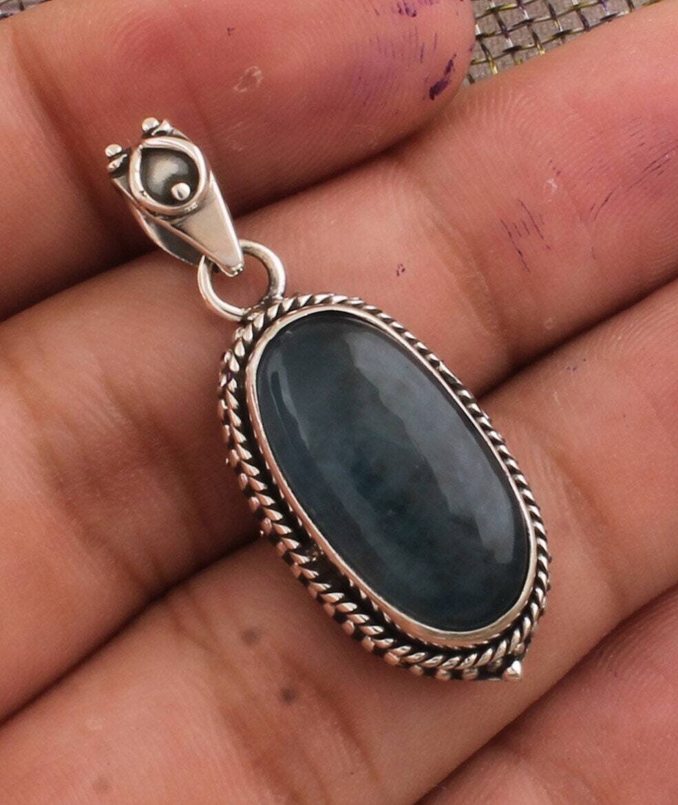 Aqua Chalcedony Oval Gemstone Pendant, 925 Sterling Silver Big Size Stone Pendant, Designer Handmade Silver Rope Pendant, Christmas Gift