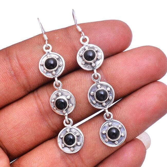 925-Sterling Solid Silver Earring With Black Onyx Gemstone Handcrafted Earring Cabochon Stone Boho Earring Gift For You ! L# -284131-E