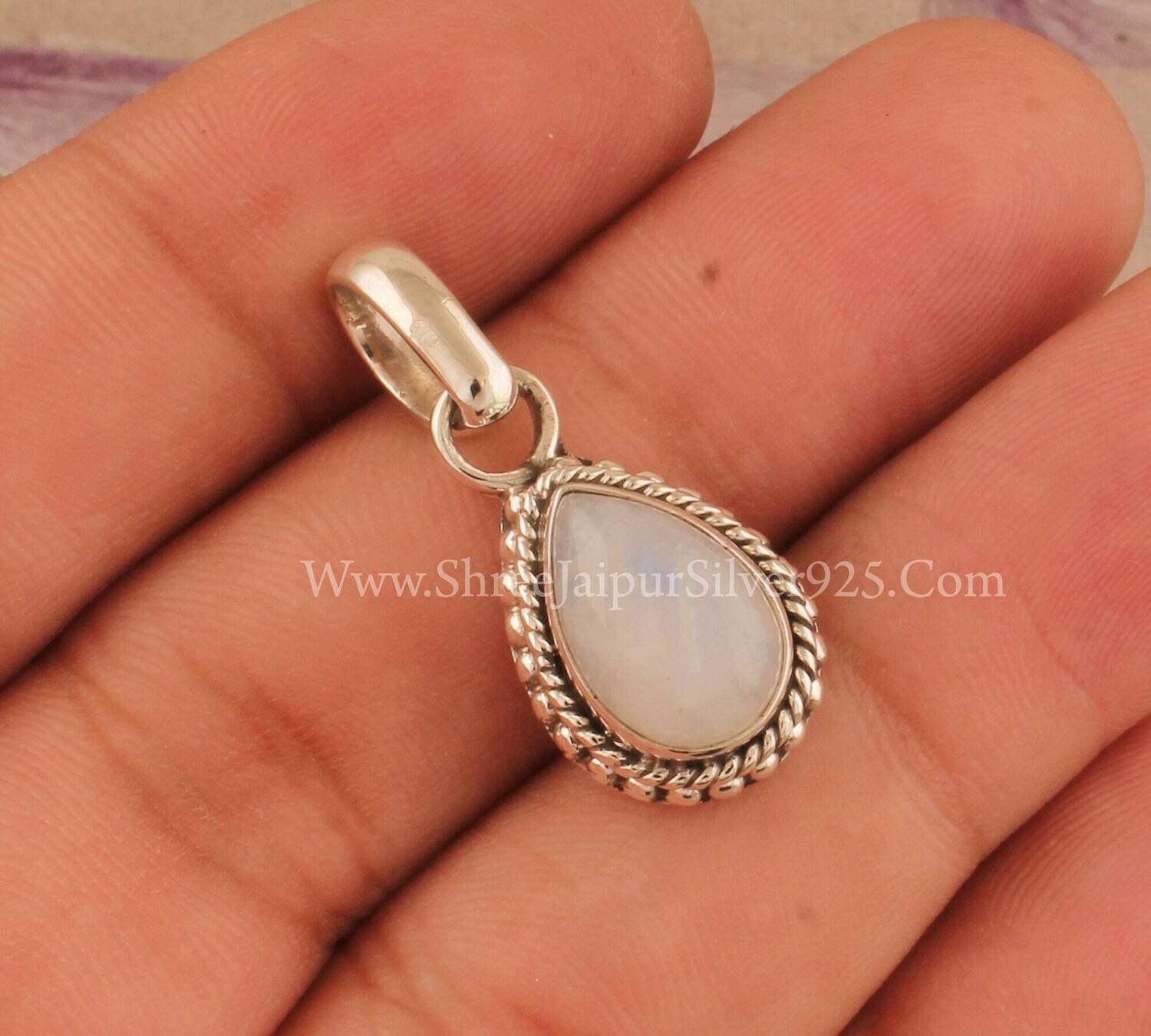 Natural Rainbow Moonstone Solid 925 Sterling Silver Necklace Pendant For Women Handmade Engraved Pear Silver Pendant For Wedding Anniversary