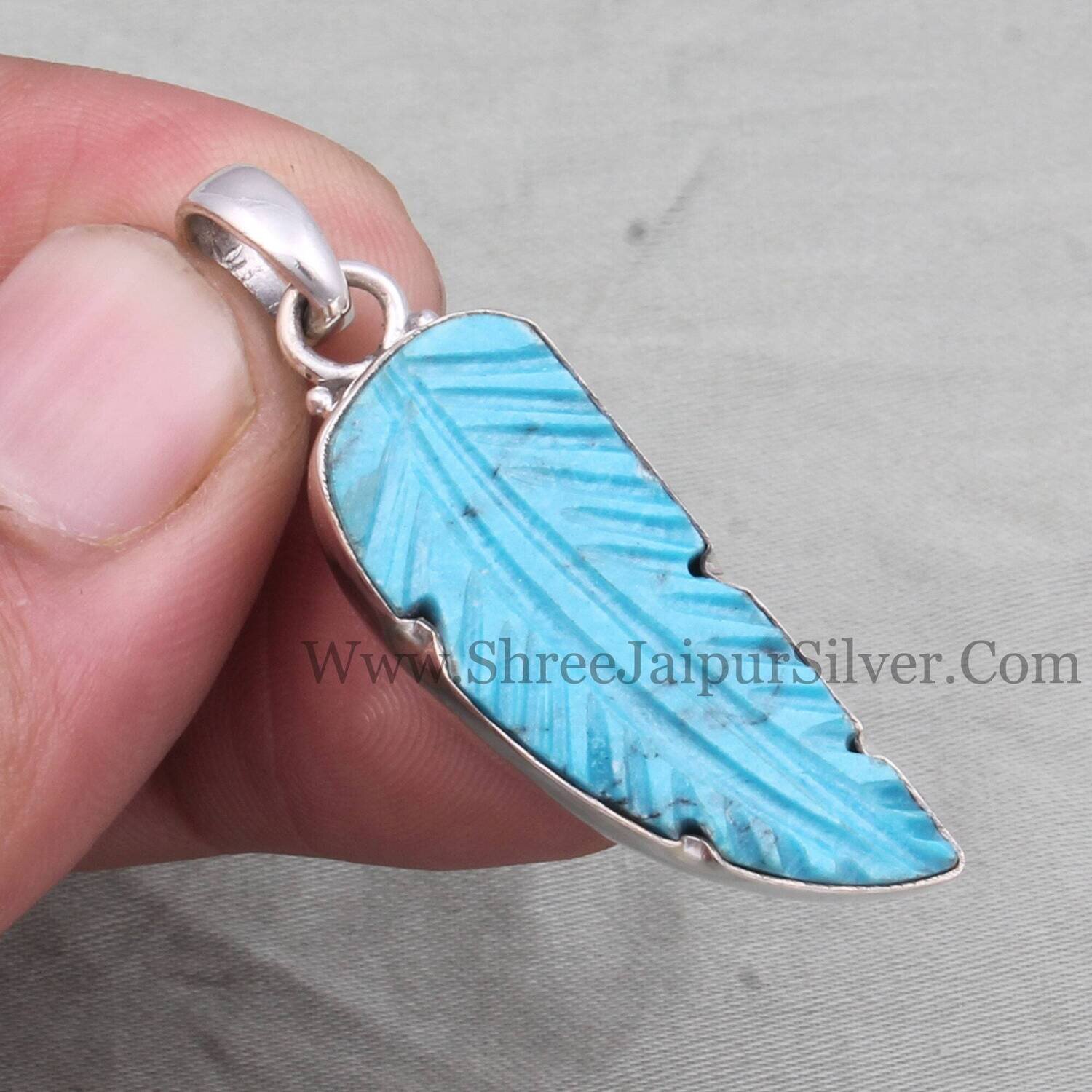 Turquoise Engraved Feather Gemstone Solid 925 Sterling Silver Necklace Pendant For Women, Handmade Leaf Stone Pendant Gifts For Anniversary