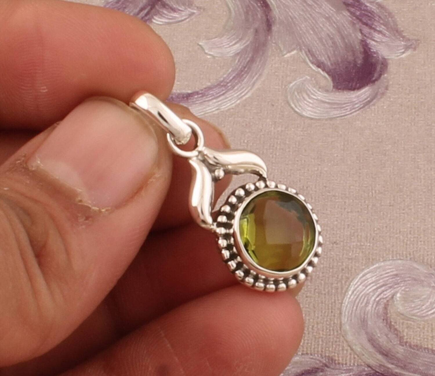 Peridot Quartz Necklace Pendant, Solid 925 Sterling Silver Pendant, Boho Round Stone Silver Pendant, Faceted Peridot Pendant, Gift For Her