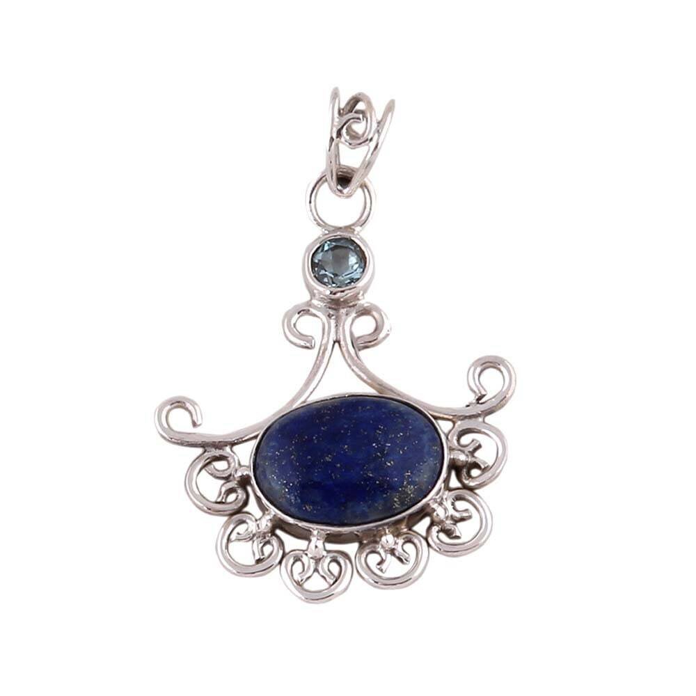 925 Sterling Silver Pendant For Women Natural Lapis Lazuli Blue Topaz Pendant Oval Round Handmade Gemstone Silver Jewelry Gift For Birthday