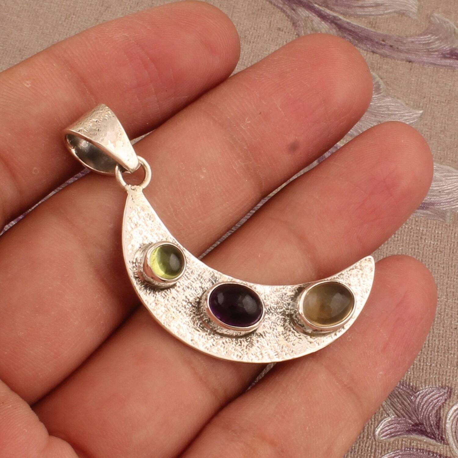 Solid Sterling Silver Pendant Natural Amethyst+CITRINE+ Peridot Gemstone pendant Combo Pendant &amp; Charm Pendant Antique SilverBirthstone