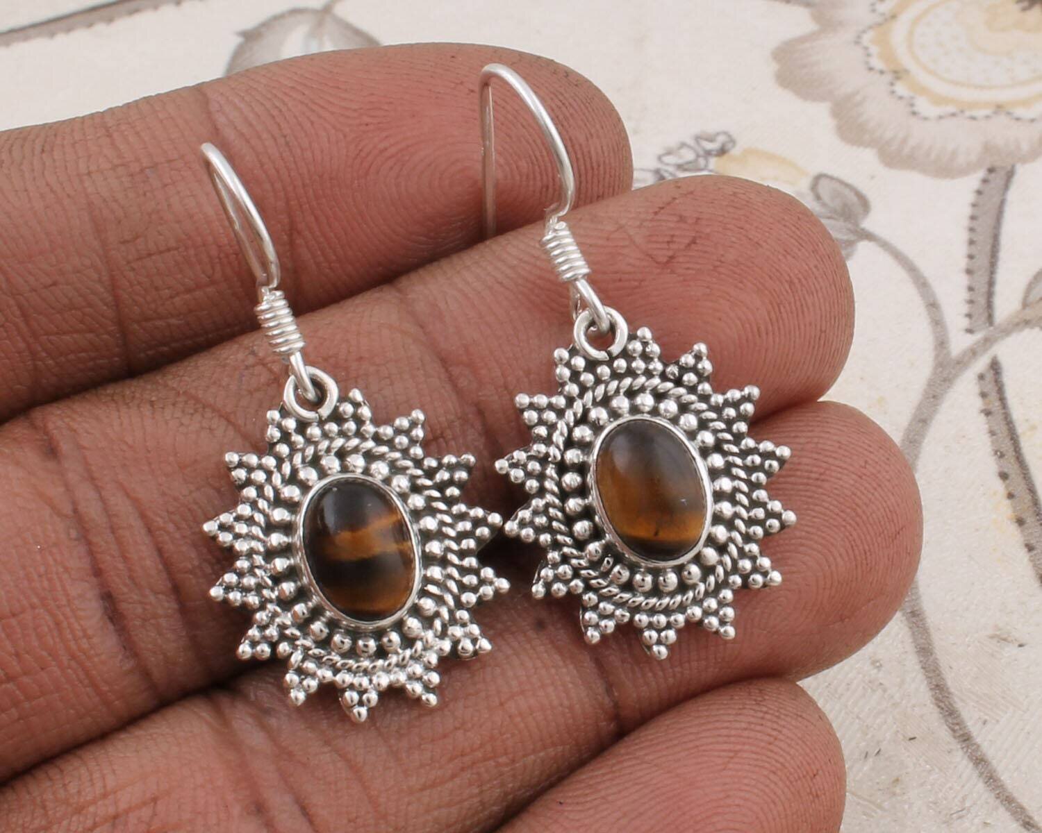 Real Tiger-Eye Top Quality Gemstone Handmade Earring Cabochon Stone Boho Earring 925-Antique Silver Earring Etsy Cyber Valentine's Day Gift