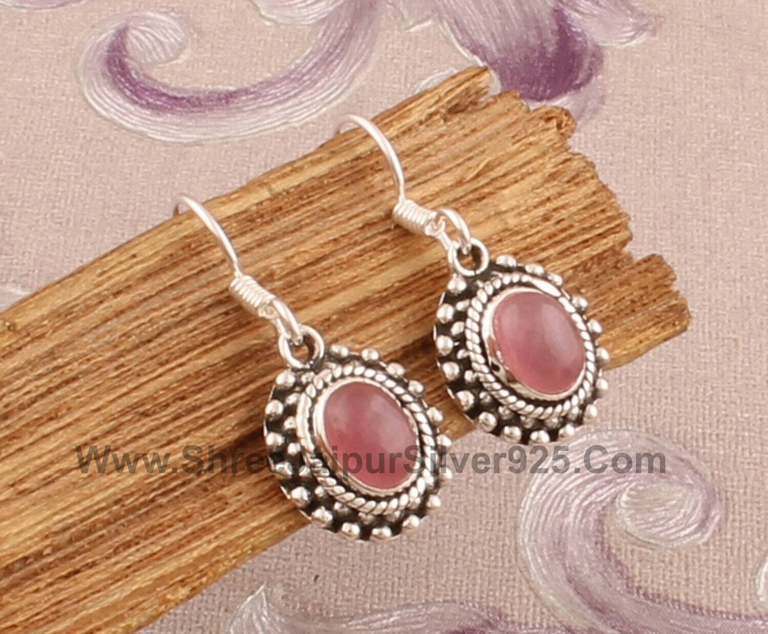 Boho Silver Pink Jade Oval Gemstone Earrings, Handmade 925 Sterling Silver Designer Earrings, Valentine's Day Gift Idea Jewelry For Women