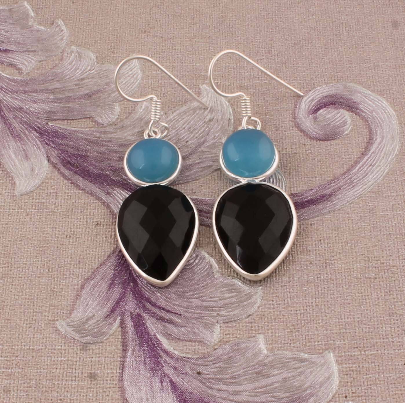 Combo Gemstone Earring Blue Jade+Black Onyx Gemstone Earring 925-Sterling Silver Earring Big Size Two Stone Earring Long Gift Earring