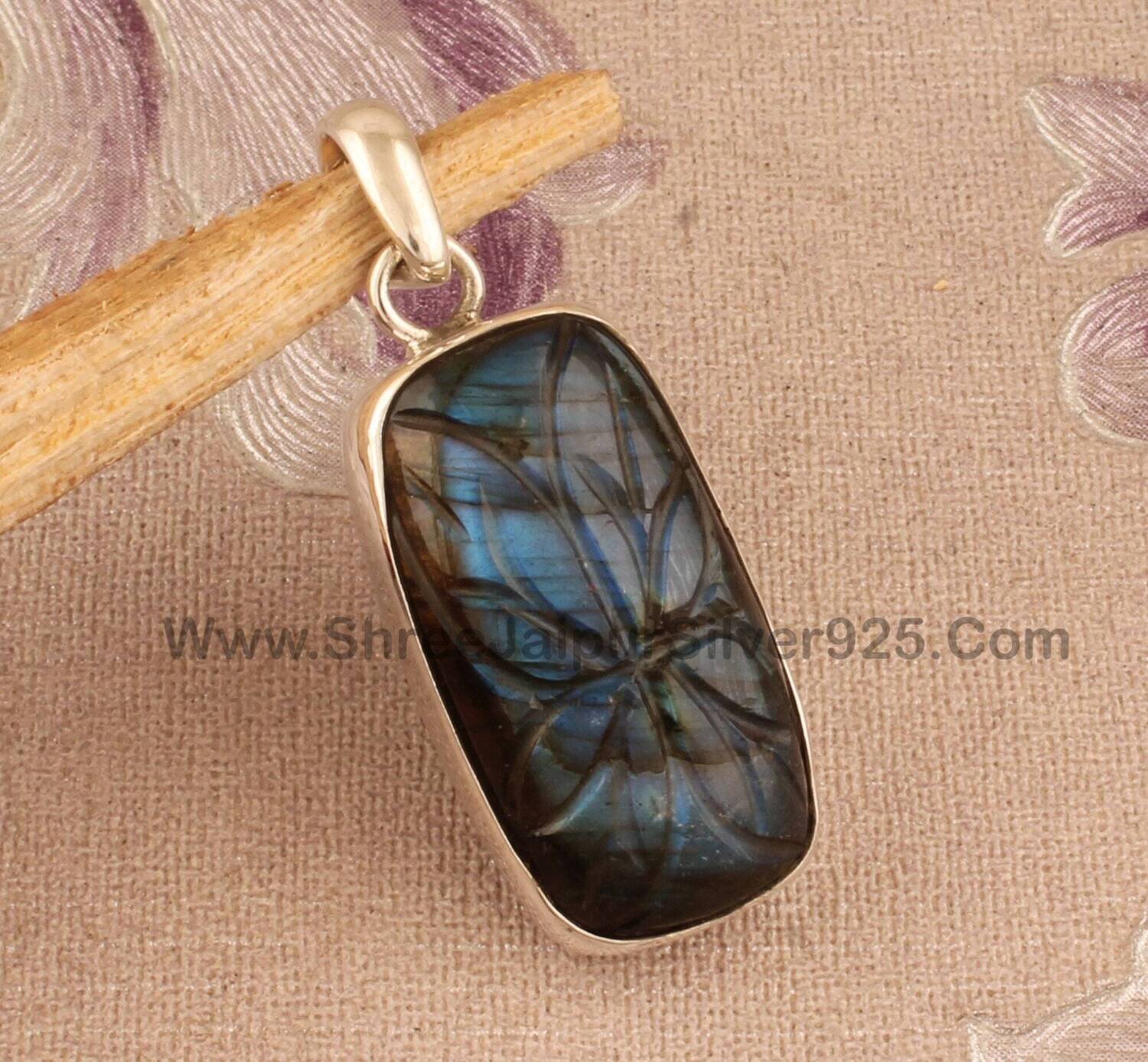 Blue Fire Hand Carved Natural Labradorite Silver Cushion Necklace Pendant, 925 Sterling Silver Carved Gemstone Pendant For Anniversary Gift