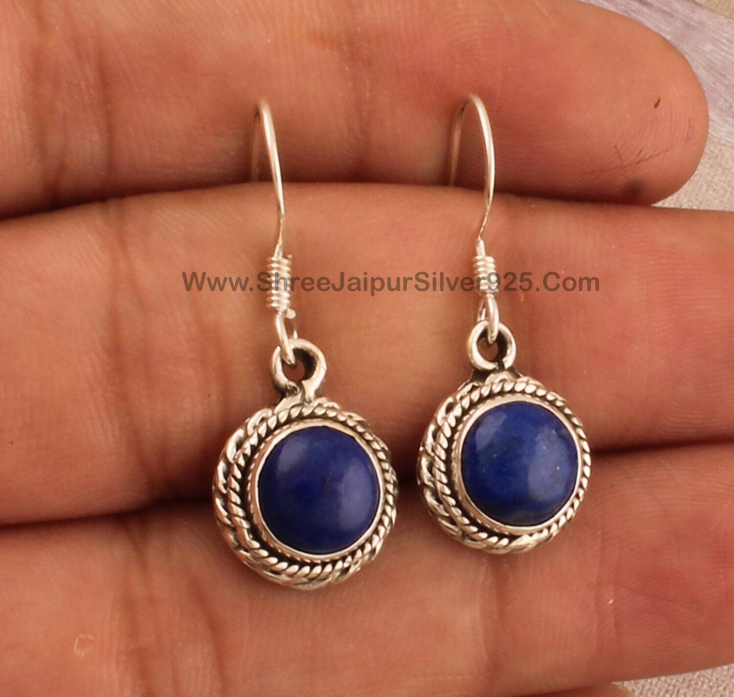 Natural Lapis Lazuli Solid 925 Sterling Silver Earrings For Women, Handmade Gemstone Boho Silver Earring For Wedding Anniversary Gift Idea