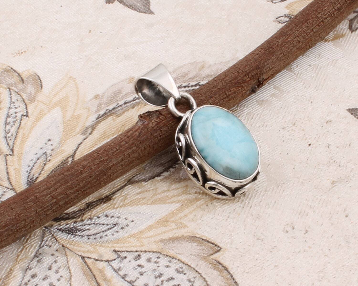 925 sterling silver larimar gemstone pendant- Oval shape gemstone pendent-silver 925 pendant-Oval pendant-gift pendant-handmade pendant