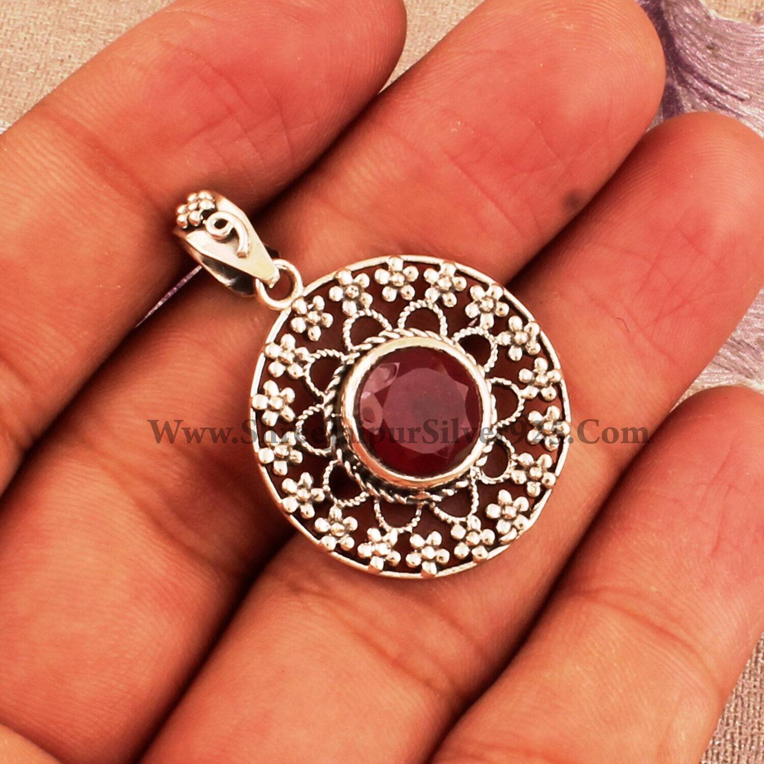 Ruby 925 Sterling Silver Necklace Pendant For Women, Ruby Round Flower Bridal Wedding Pendant, Solid Silver Engraved Pendant For Gift Idea