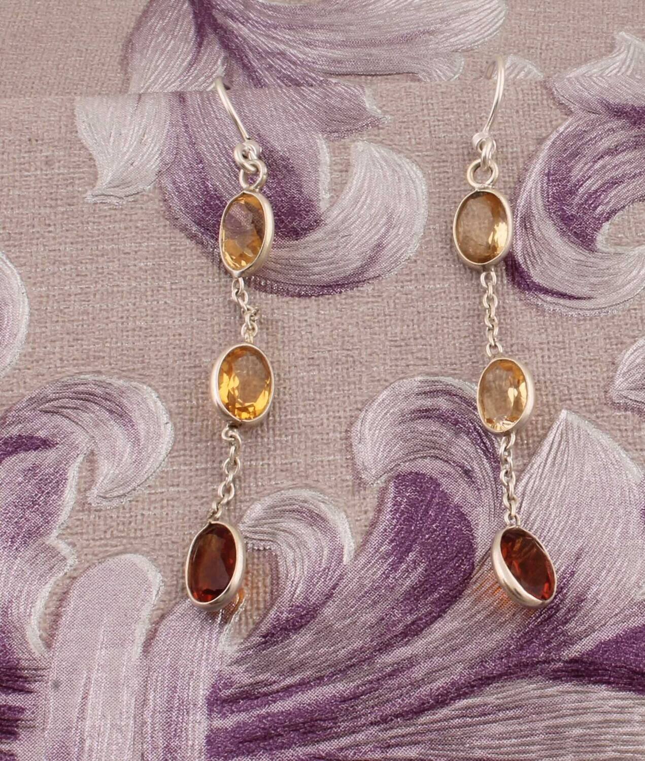 Citrine &amp; Red Garnet Bezel Set Solid 925 Sterling Long Earrings For Women - Handmade Three Oval Stone Chain Earrings For Wedding Anniversary