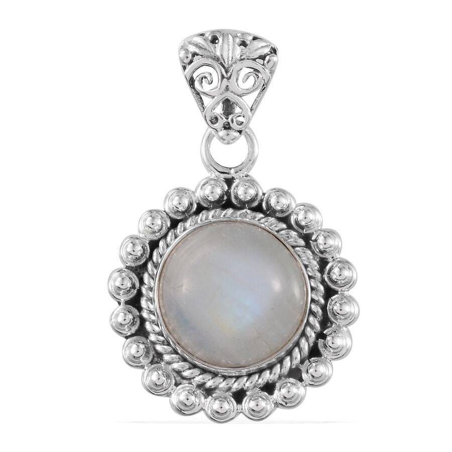 Round Shape Pendant With Natural Rainbow Moonstone AAA+Quality Gemstone Pendant Blue Fire With Cabochon Stone Boho Pendant Handcrafted