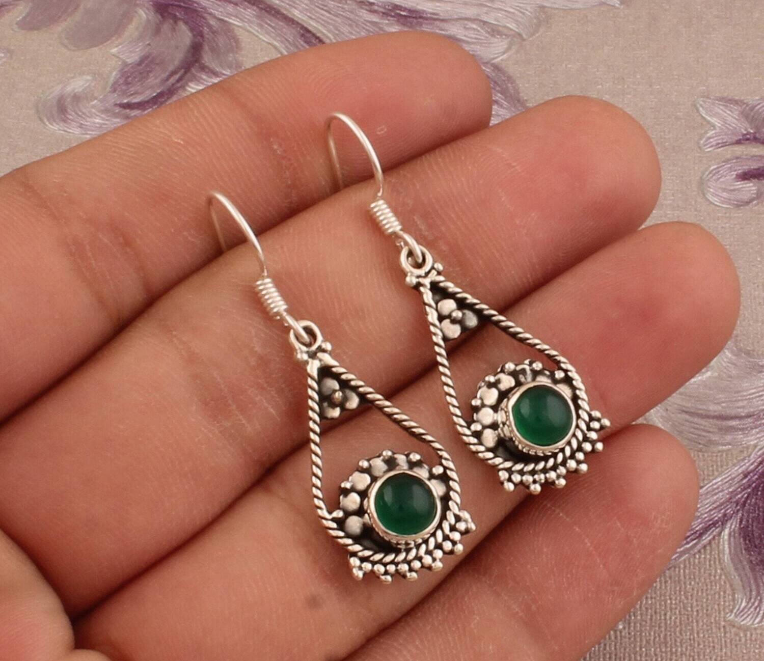 925 Sterling Silver Green Onyx Gemstone Earrings, Designer Handmade Flower Silver Earrings, Valentine's Day Gift Earrings, Etsy Cyber 2021