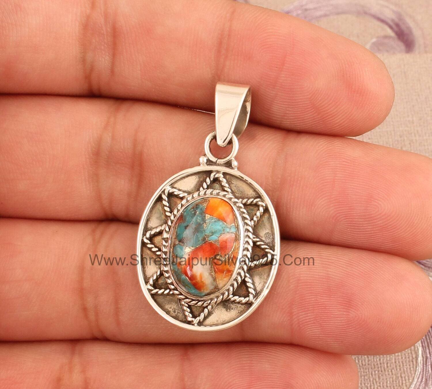 Oyster Copper Turquoise Solid 925 Sterling Silver Necklace Pendant For Women, Handmade Oval Stone Pendant For Wedding Anniversary Gift Idea
