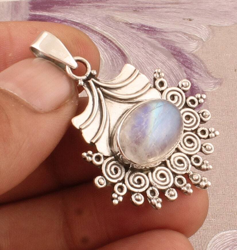 Christmas Gift  Sterling Solid Silver Pendant - Teardrop Pendant - Semi Precious Stone Pendant - Gemstone Pendant - Oval Semi Precious Stone