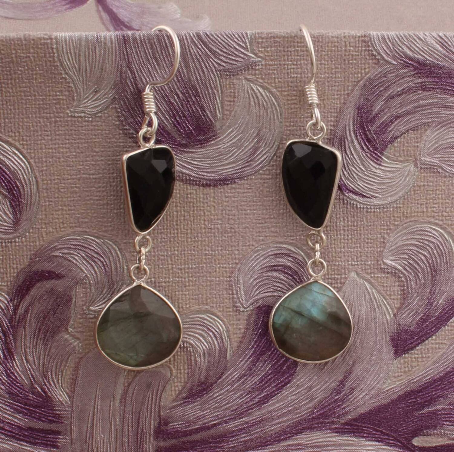 Combo Gemstone Earring Labradorite+Black Onyx Gemstone Earring 925-Sterling Silver Earring Big Size Earring Gift For Her EarringCyber2021