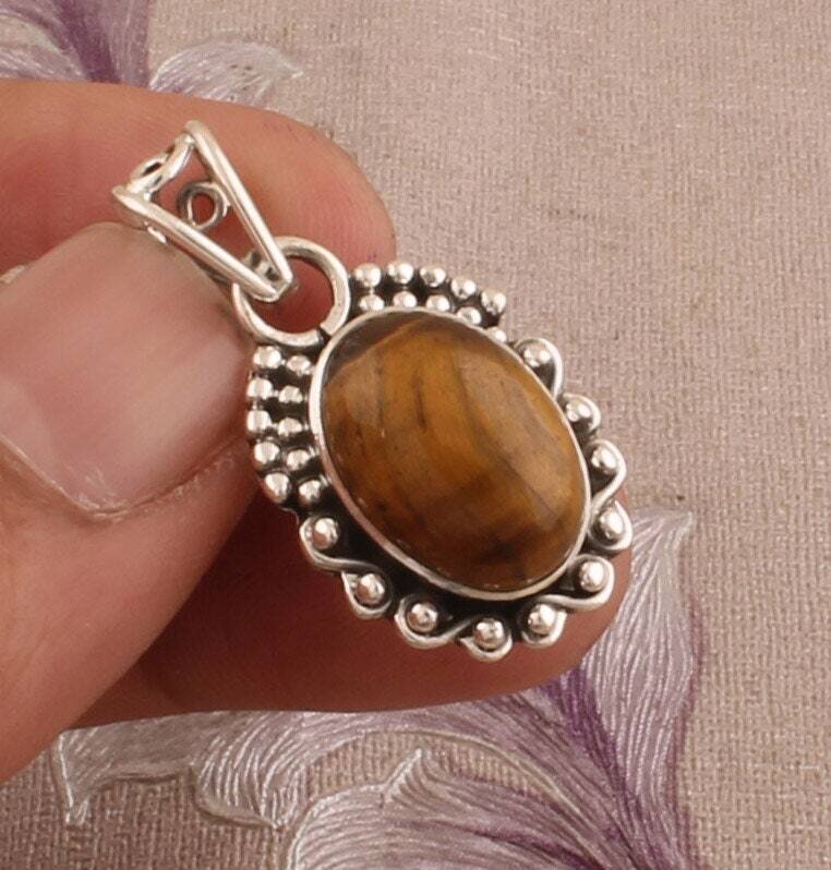 Tiger Eye Oval Shape Gemstone Pendant, 925 Sterling Silver Designer Dotted Pendant, Handcrafted Gemstone Silver Pendant, Christmas Gift Idea