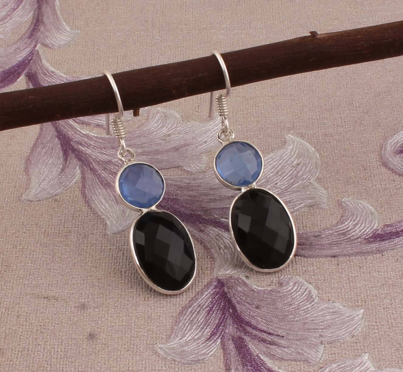 Combo Gemstone Earring Black Onyx+Blue Glass Gemstone Earring 925-Sterling Silver Earring Big Size Two Stone Earring Long Gift Earring