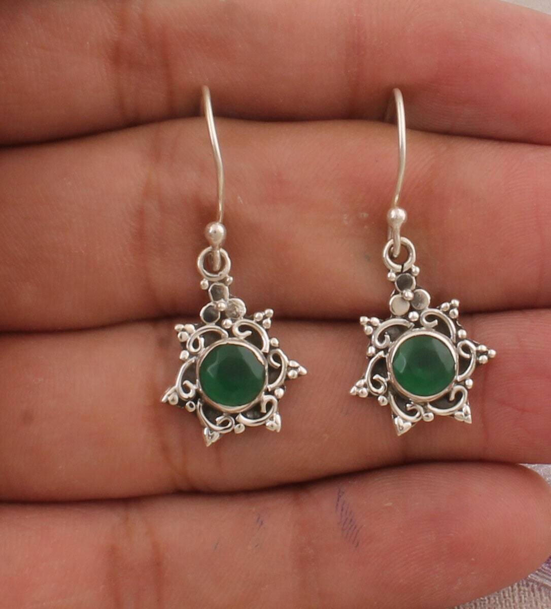 Green Onyx Top Quality Gemstone Earring,Cut, Faceted Stone Earring 925-Sterling Silver Earring, Antique Silver Earring, Women's Earring