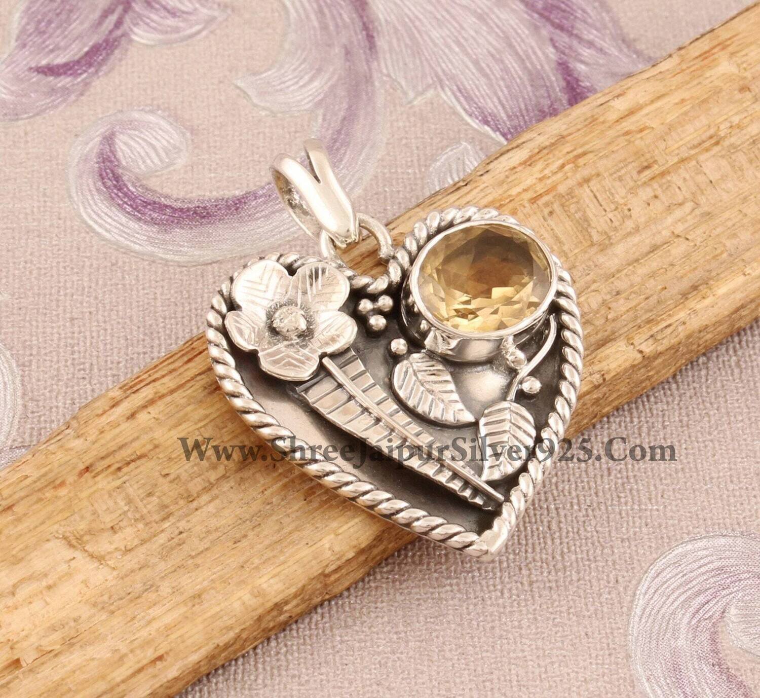 Heart Silver Designer Leaves & Flower Necklace Pendant, Natural Citrine Gemstone Pendant, 925 Sterling Silver Hand Carved Pendant, Gift Idea