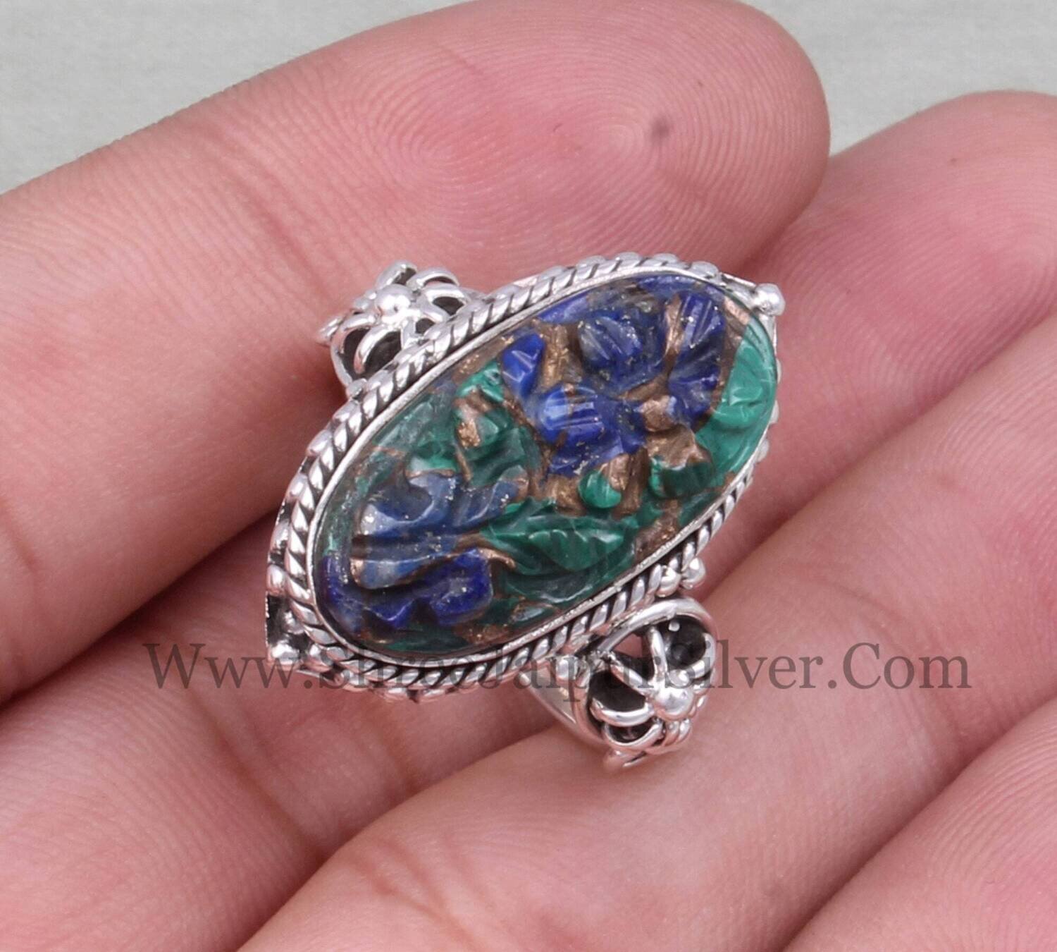 Lapis Lazuli & Malachite Copper Gemstone Hand Engraved Solid 925 Sterling Silver Ring For Women, Carved Oval Ring Gifts Idea For Anniversary