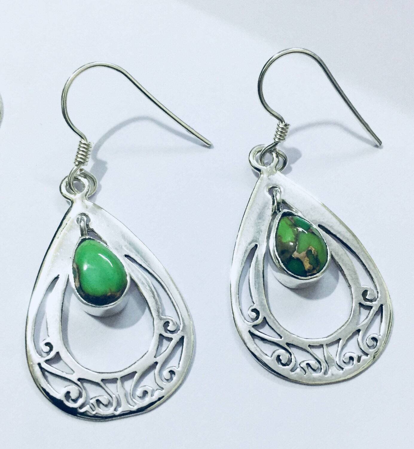 925 Sterling Silver Green Copper Turquoise  Gemstone Earrings, Pear Shape Filigree Handmade Earrings, Christmas Gifts  For HerBirthstone